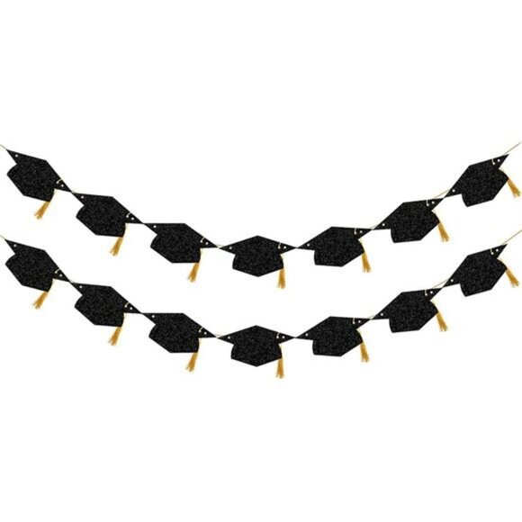 Class of 2025 Graduation Banner Black Gold Glitter Party Decor with Tassels - Picture 1 of 7